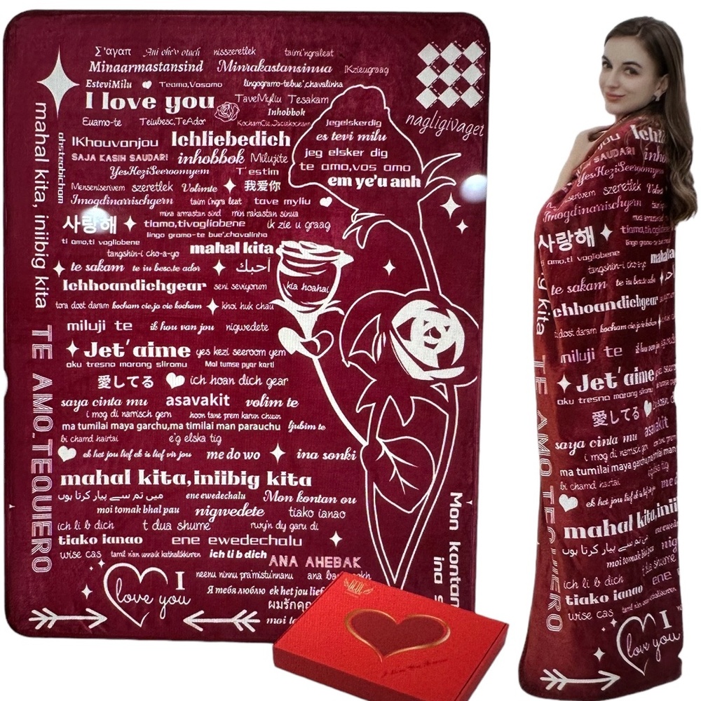 Red I Love You 100 Languages Throw Blanket. Sz 50x65